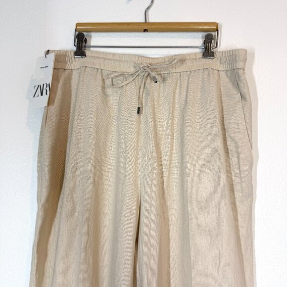 Zara Linen Wide Leg Drawstring Pants Beige Neutral Vacation Beach XL - Picture 5 of 13
